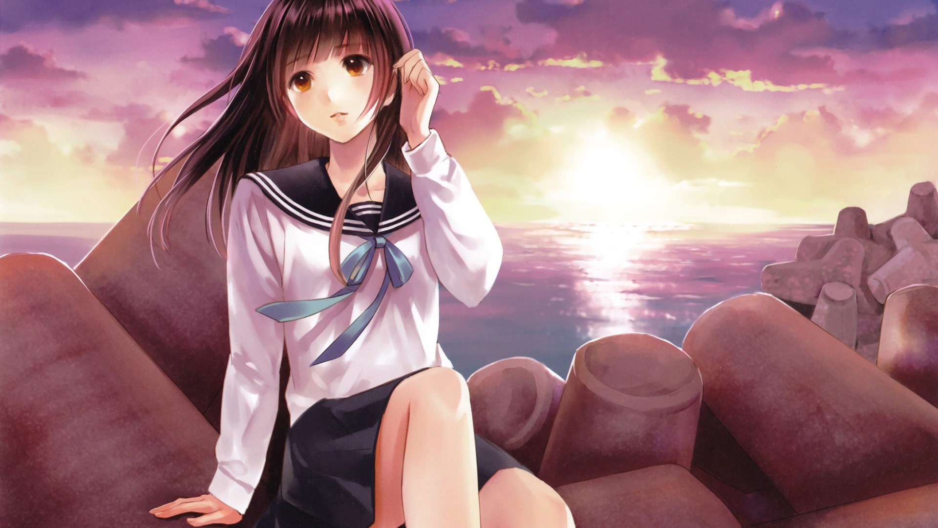 ['海边动漫少女 吹风 可爱壁纸']