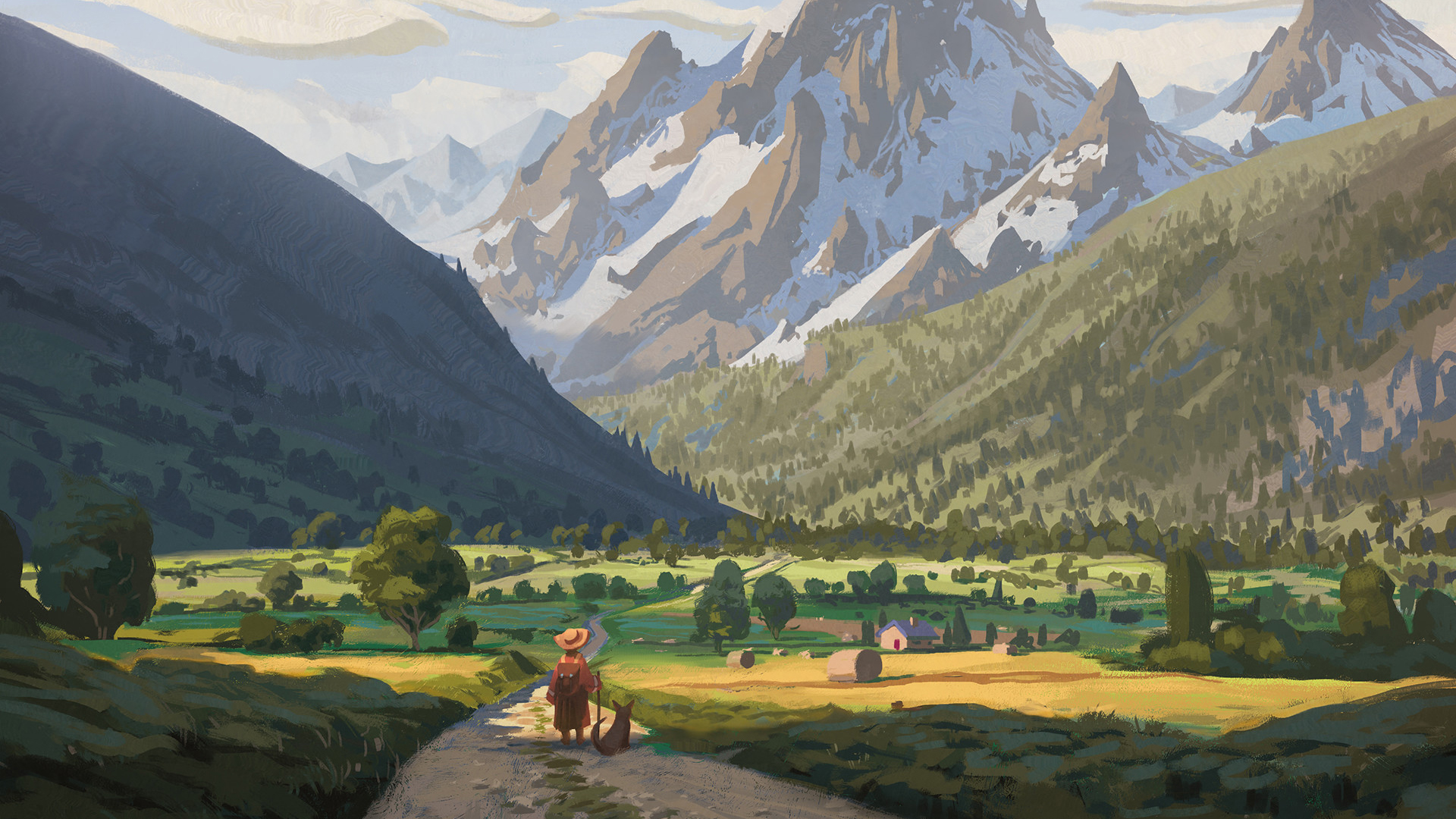 ['山谷山 唯美插画风景壁纸 自然山水画 高清壁纸下载']