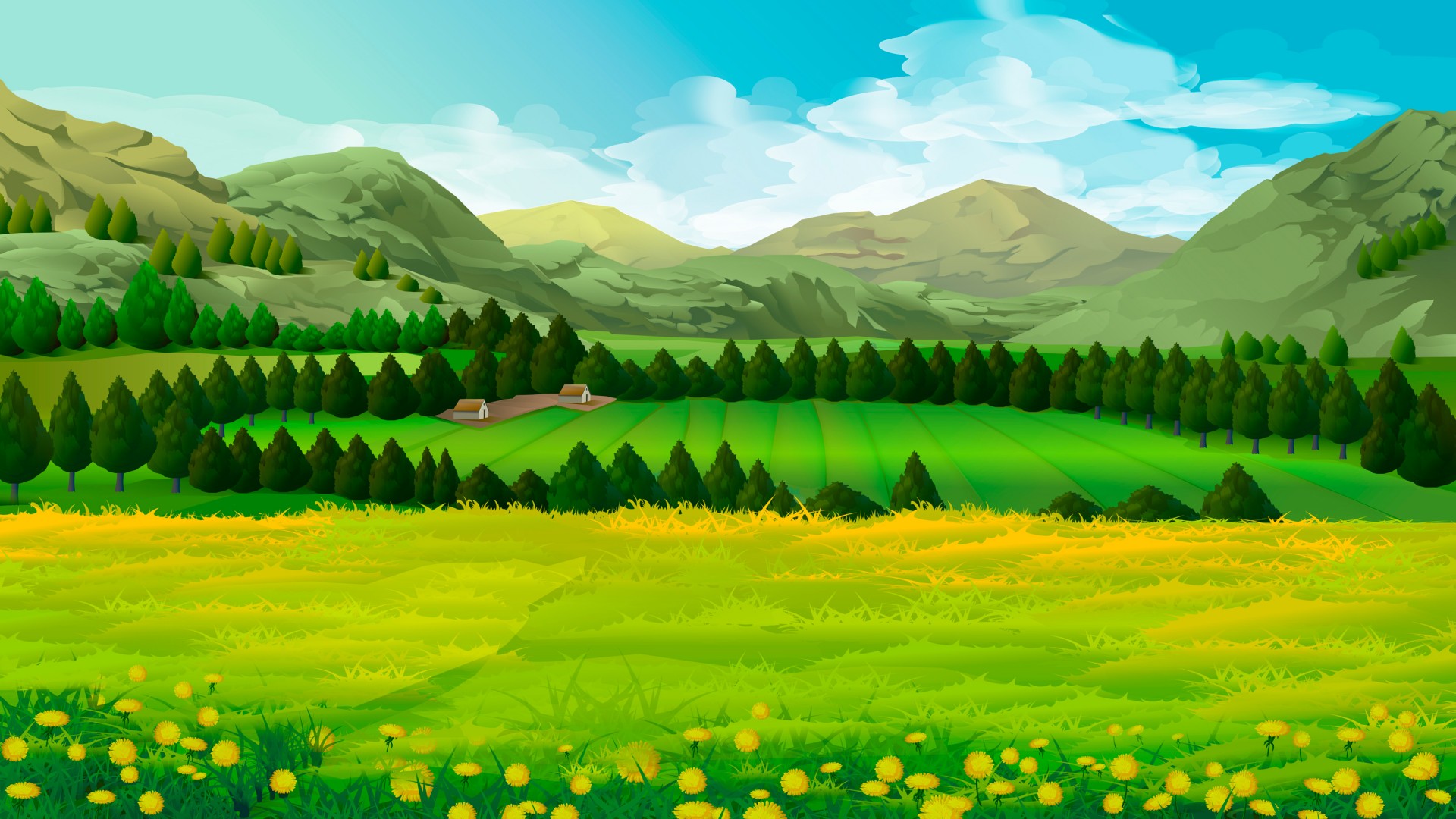 ['蒲公英 草甸 树木 山 自然风景 绘画桌面壁纸']