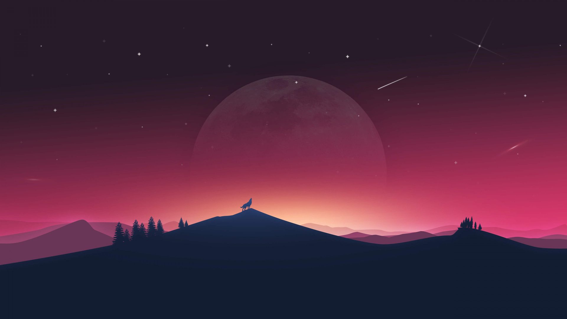 ['狼嚎 创意设计 简约壁纸 动物剪影 月夜手绘']