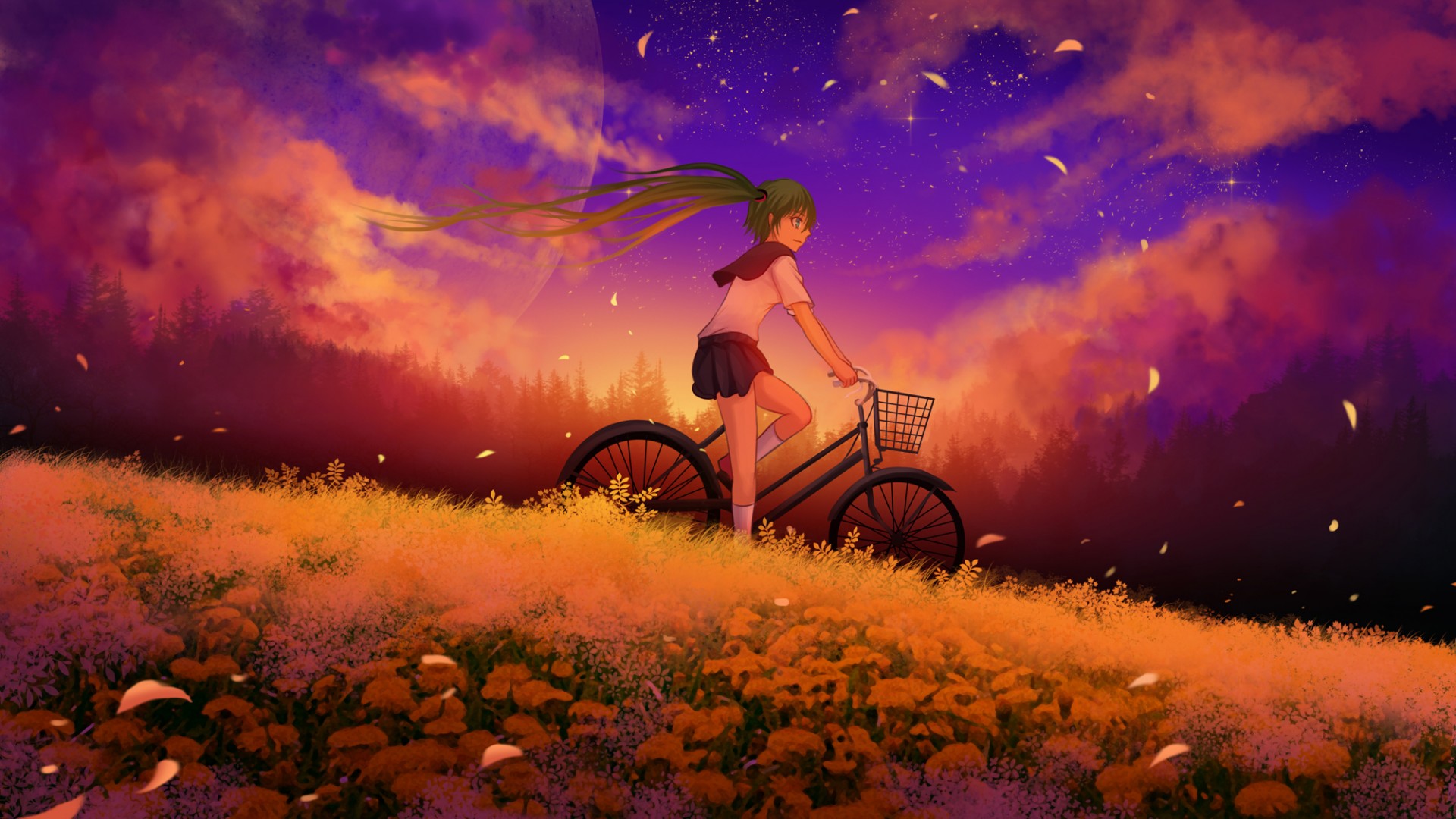 ['初音未来 动漫女孩 单车 日落 风景 电脑壁纸']