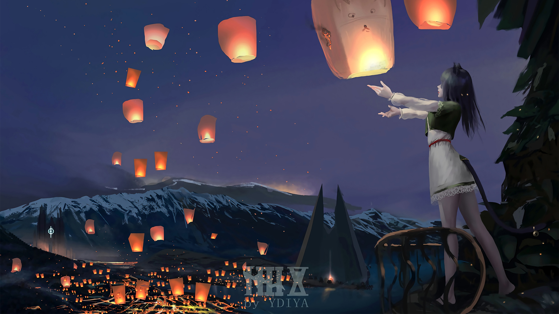 ['孔明灯 夜景 唯美插画 壁纸 女子 尾巴 2k']