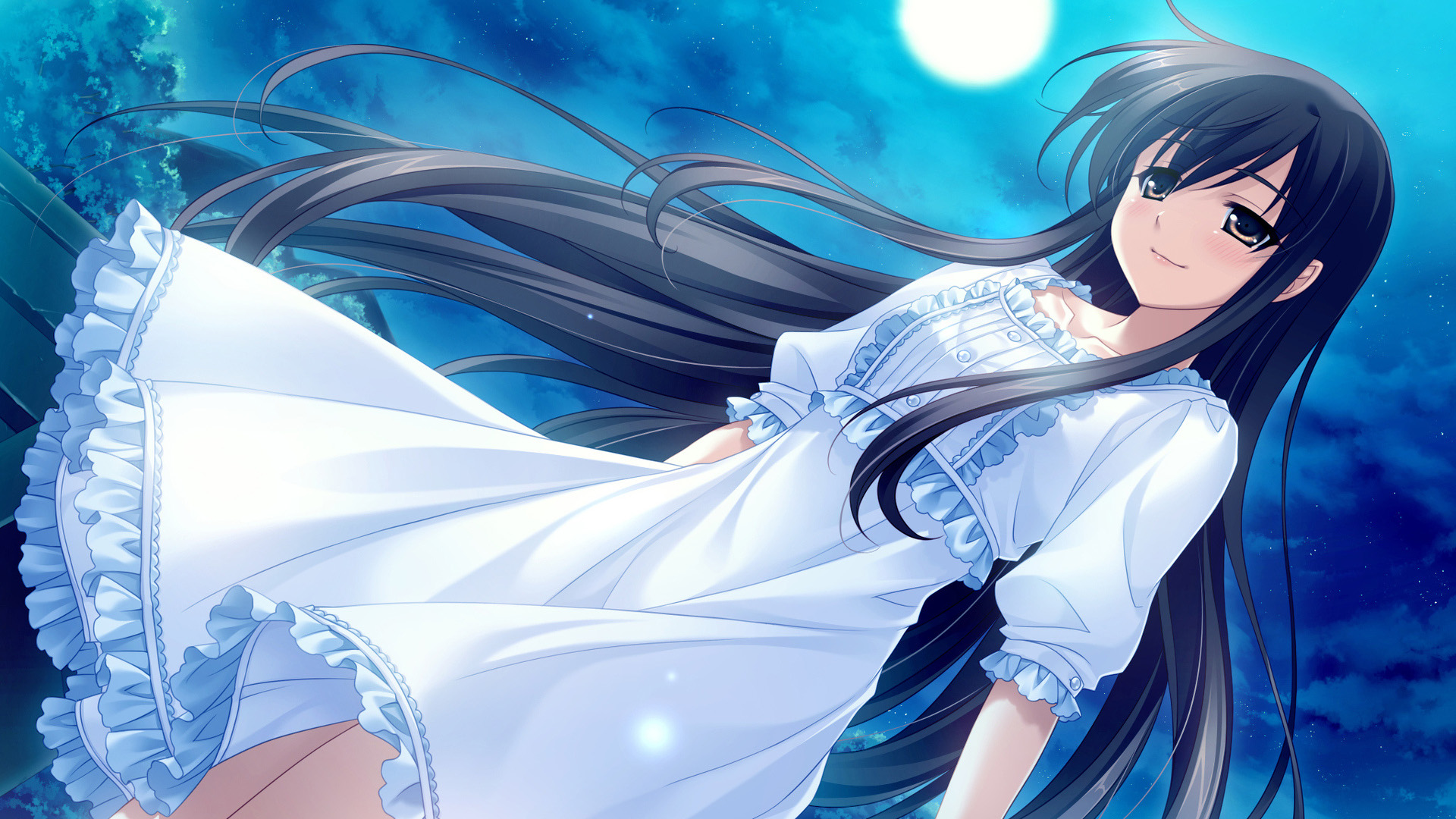 ['月亮 天空 女孩 白色裙子 长发 星星 动漫桌面壁纸']