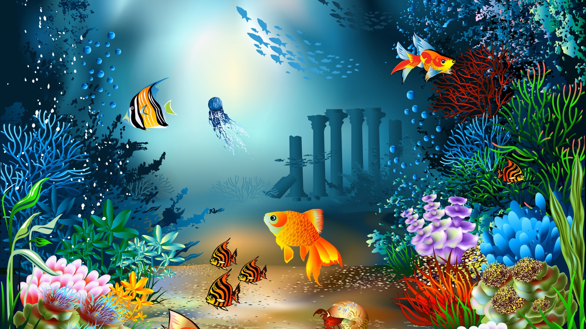 ['海底世界 珊瑚礁 热带鱼 高清插画 电脑壁纸']