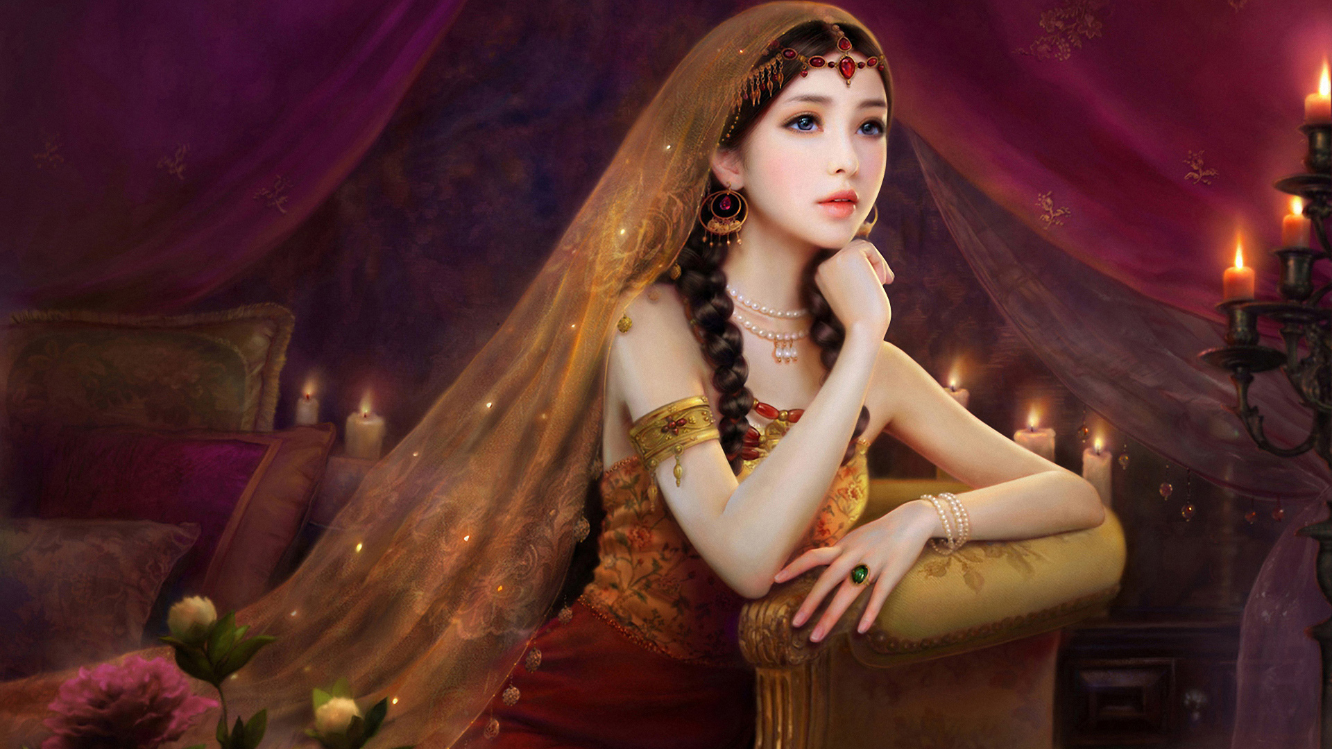 ['古风公主 头巾 蜡烛 鲜花 唯美汉服美女壁纸 桌面高清']