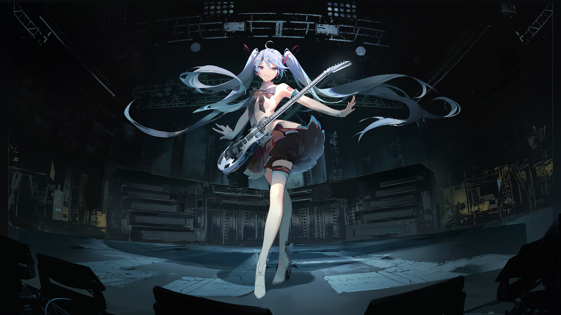 ['初音未来 长发 花朵裙子 吉他 动漫壁纸']