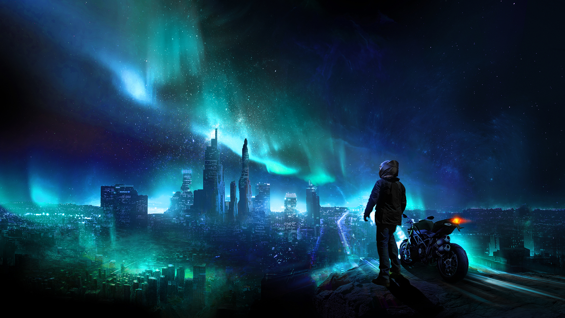 ['天际线 城市夜景 星空 男子 摩托车 唯美壁纸']