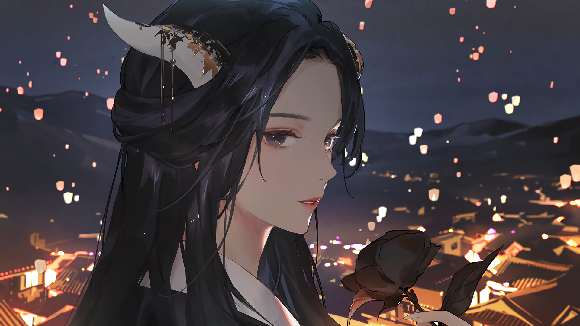 ['灯笼节 兽角女孩 二次元动漫壁纸 灯笼节主题 兽角角色 动漫壁纸']
