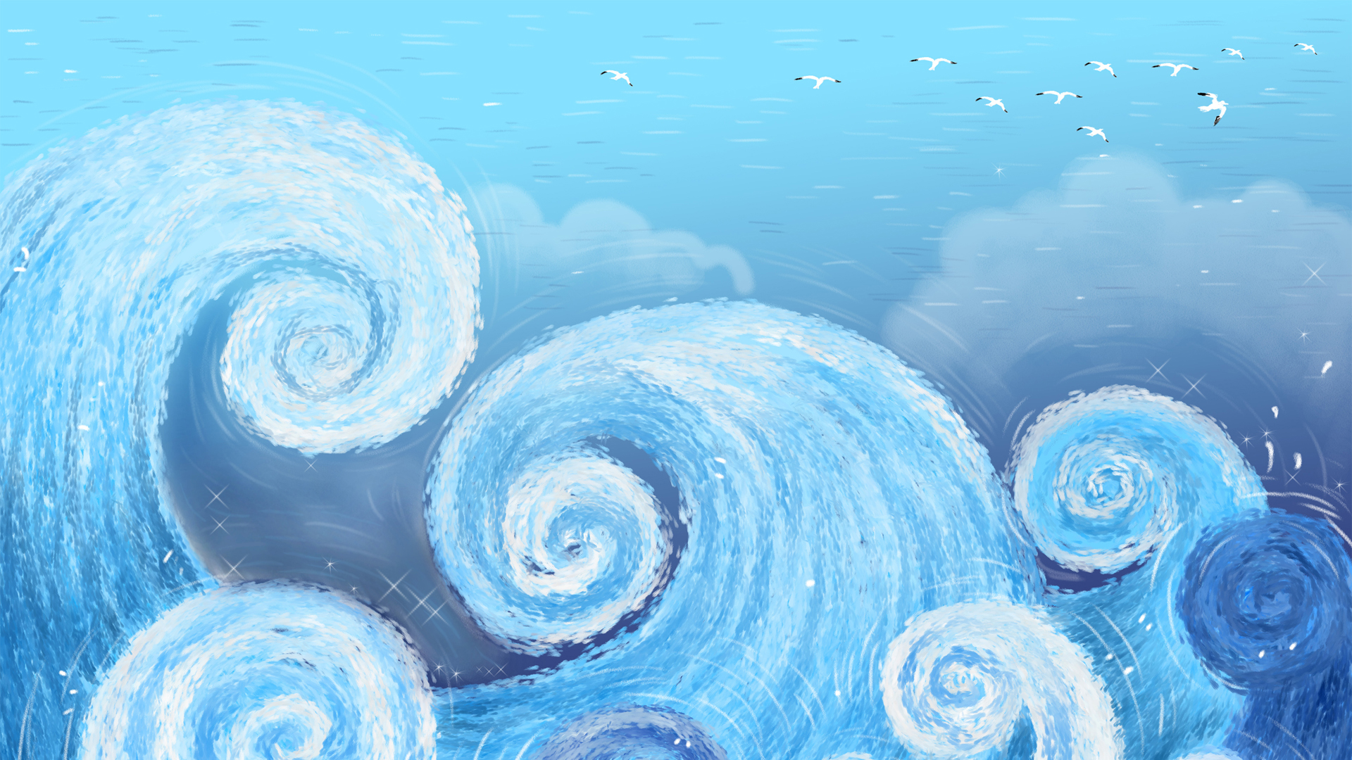 ['海浪 手绘 创意设计 蓝色 波浪 壁纸 背景素材']