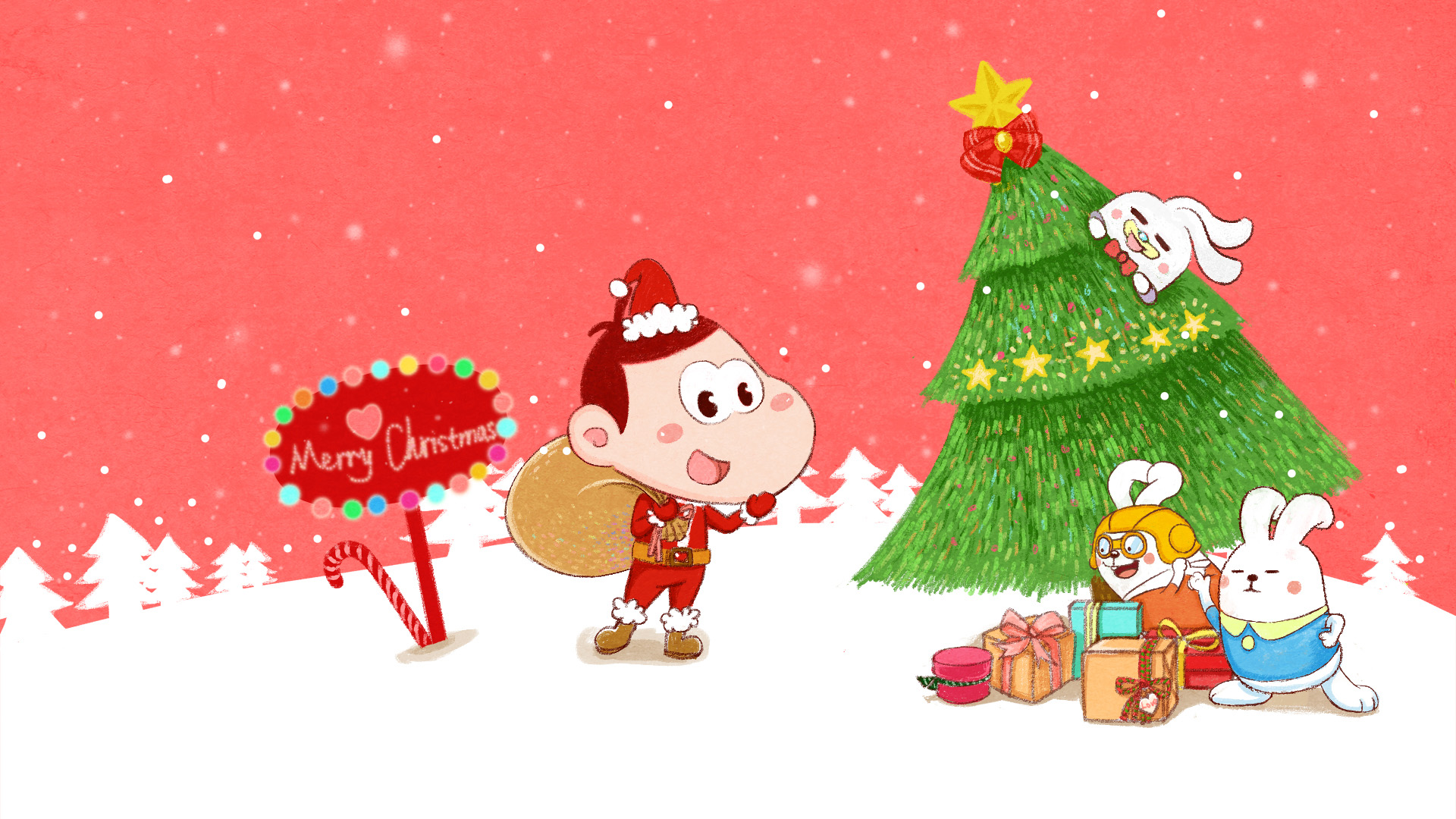 ['圣诞节 圣诞老人 圣诞树 礼物 下雪 兔子 萌 可爱 壁纸 Merry Christmas']