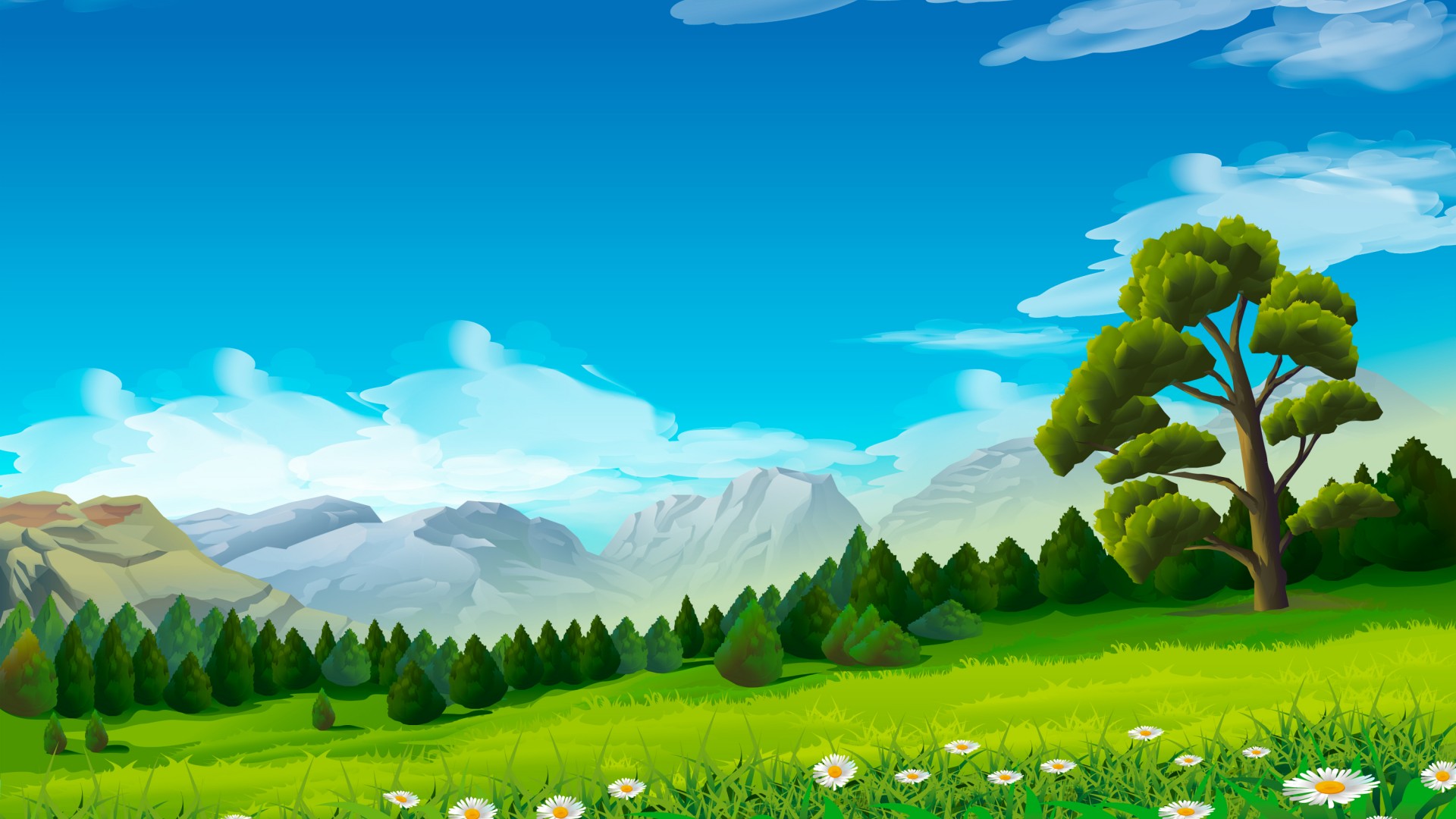 ['草甸 雏菊 山景 树林 精美风景绘画壁纸']