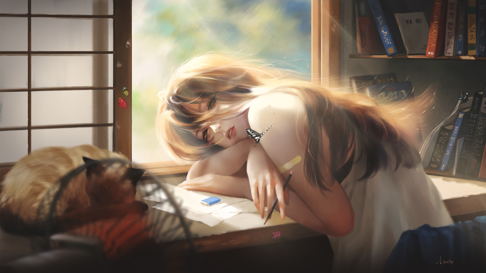 ['下午 趴在桌子的女孩 高清动漫插画壁纸']