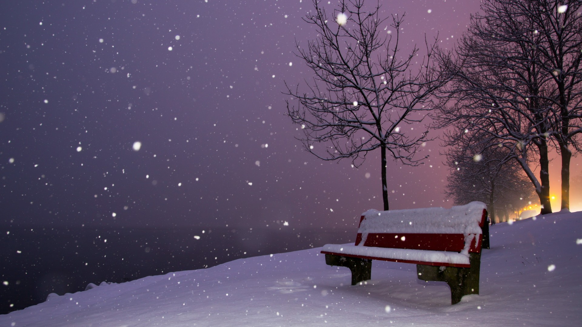['冬天 雪景 长凳 晚上 风景壁纸']