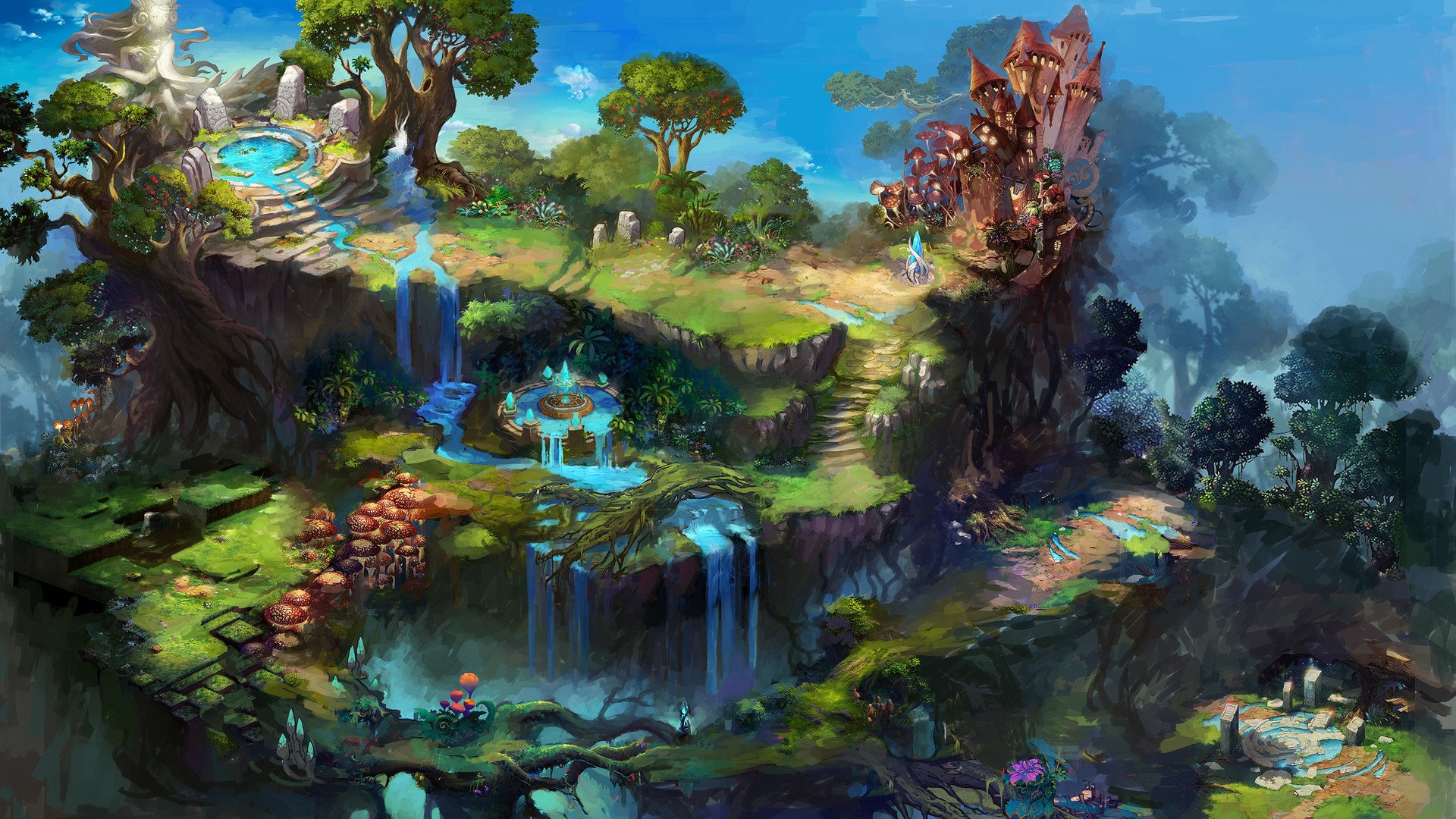 ['自然风景 瀑布 树木 桌面壁纸 高清山水画 森林天空 仙境风光']
