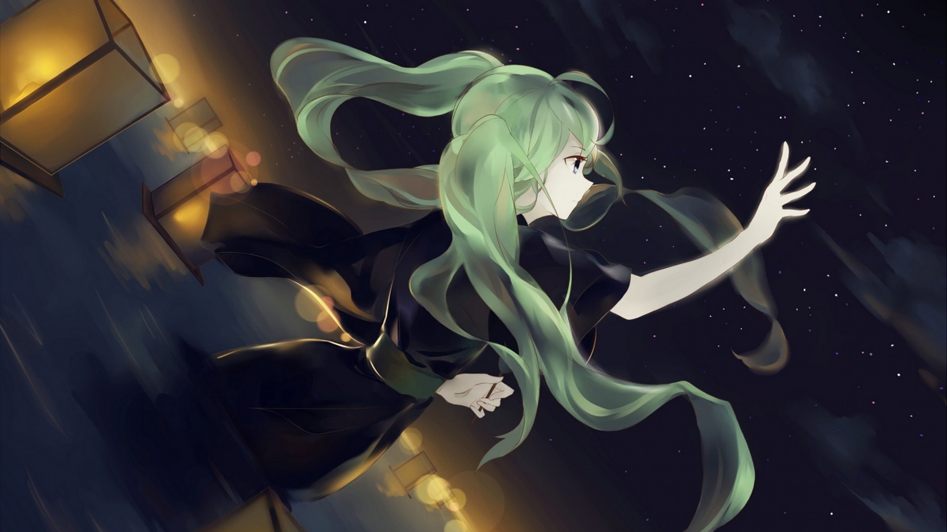 ['初音未来 夜晚星空下的梦幻女孩 高清壁纸']