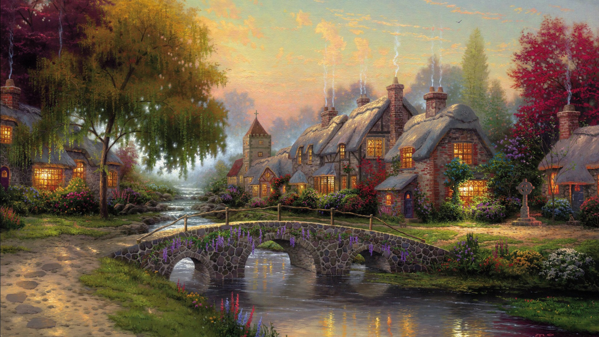 ['托马斯·金凯德 鹅卵石桥 夏季风景 绘画 4K壁纸']